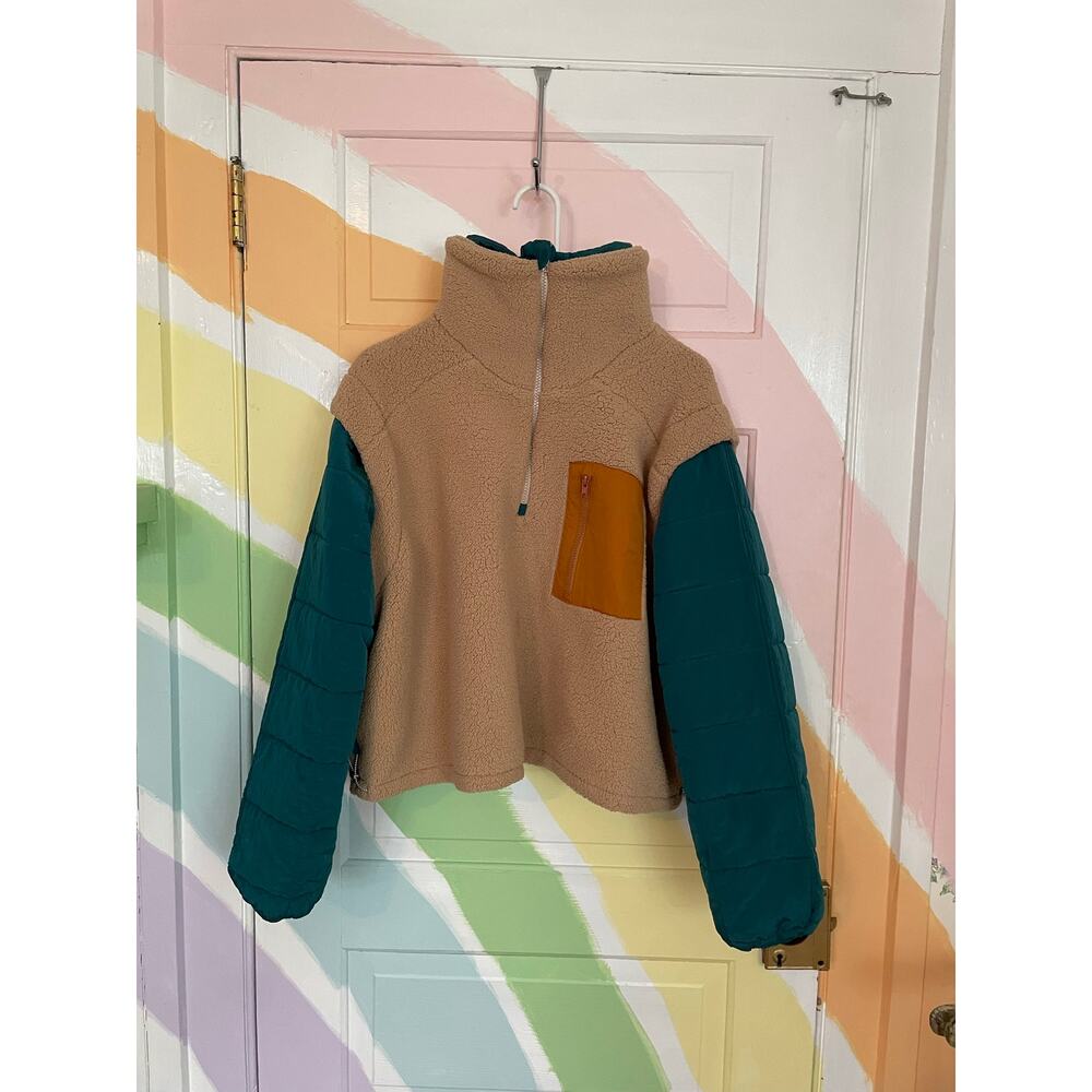 VEVERET Sherpa Colorblock Quarter Zip Pullover Jacket Teal Large Cozy